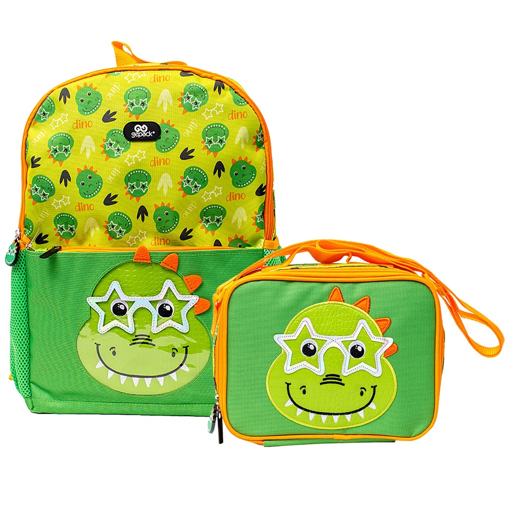 Mochila, Lonchera y Lapicera Gepack Dino Verde con Naranja 3 Piezas