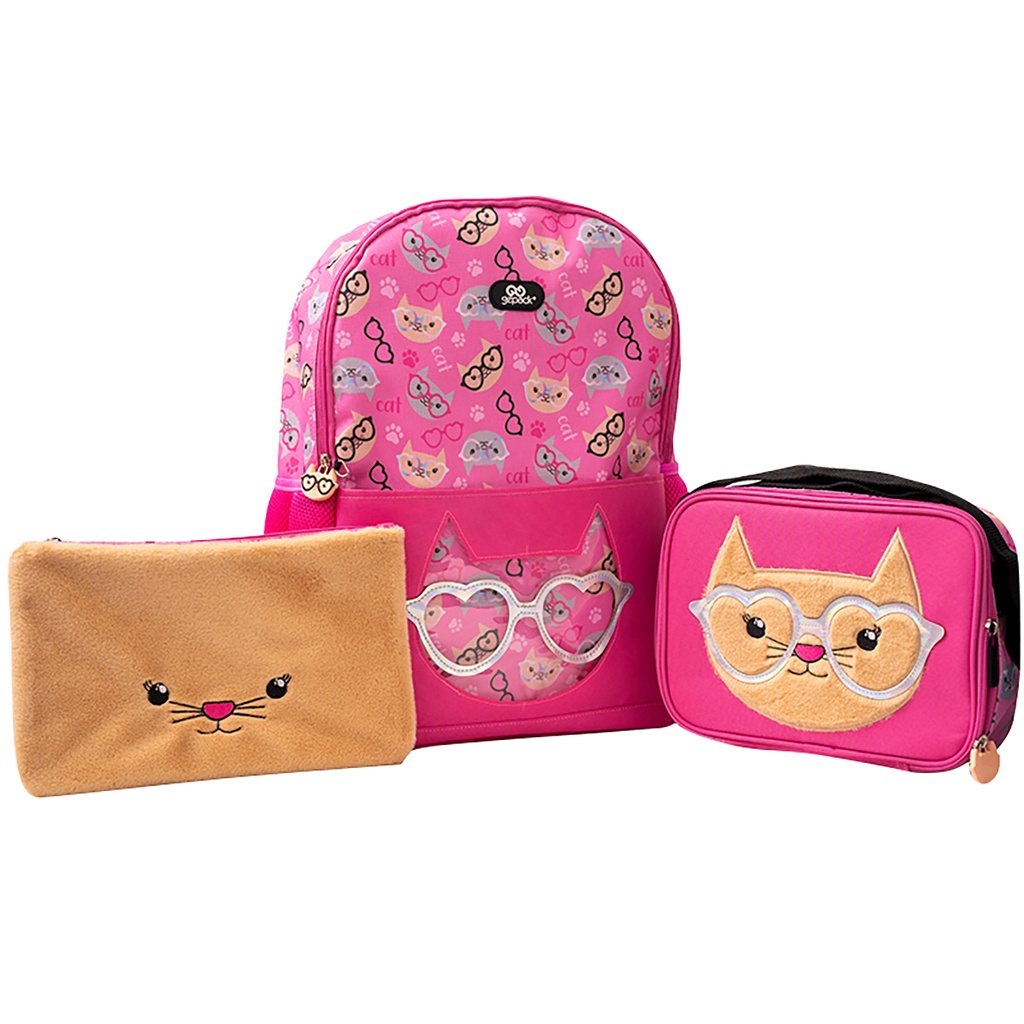 Mochila, Lonchera y Lapicera Gepack Gato Rosa 3 Piezas